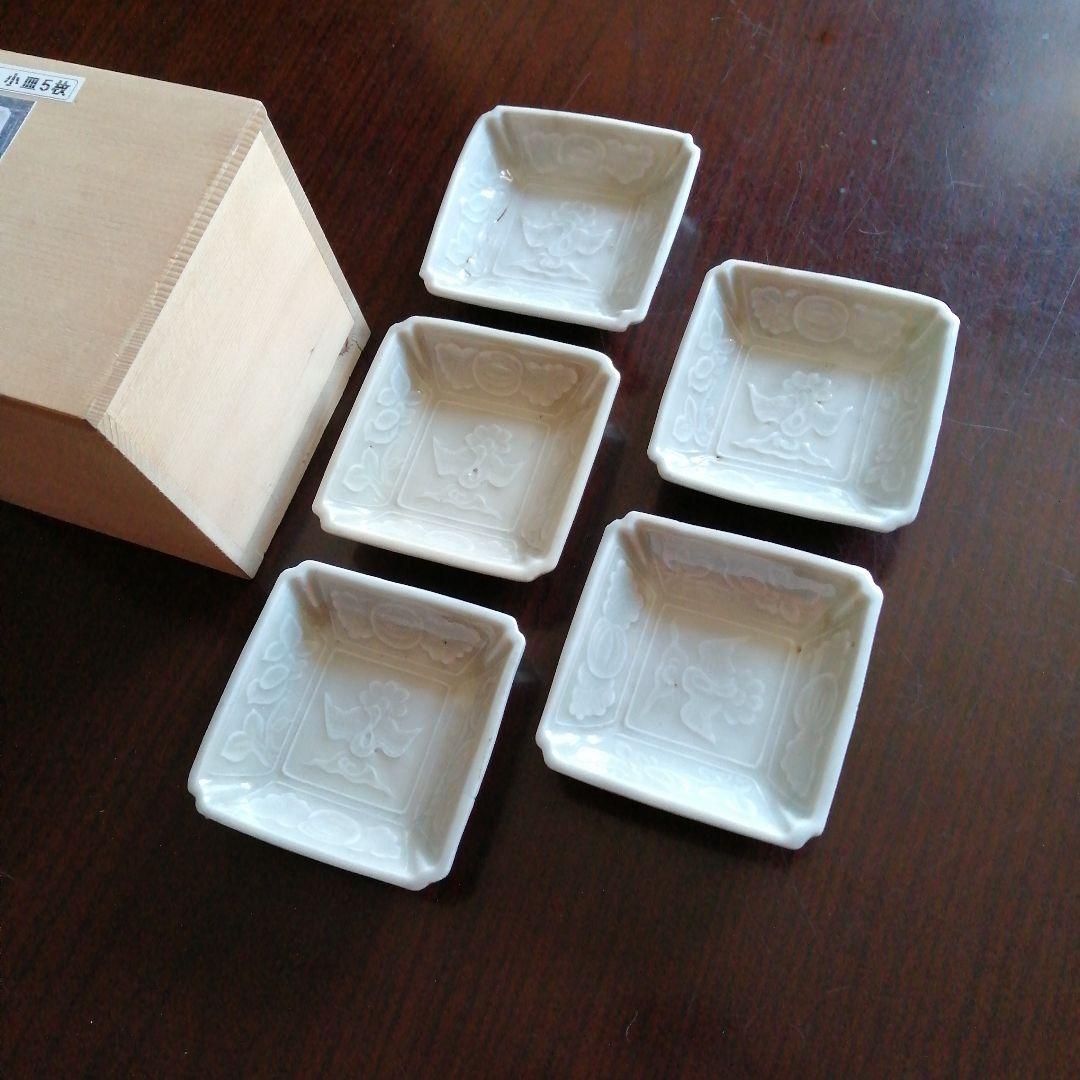 伊万里　白磁隅切小皿　5枚　8.2cm　江戸後期～明治期