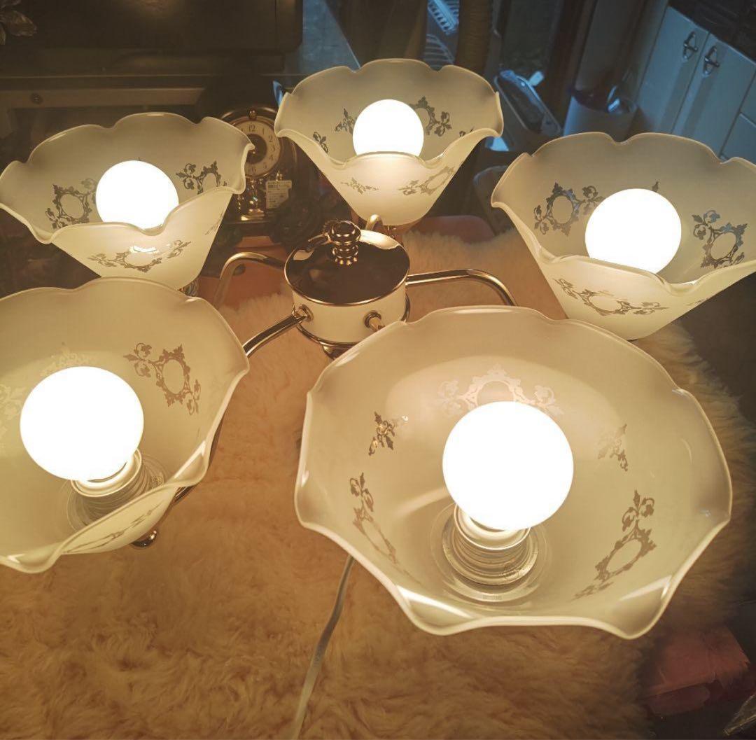 レトロ　陶器製　5灯　ガラスシェード　シャンデリア