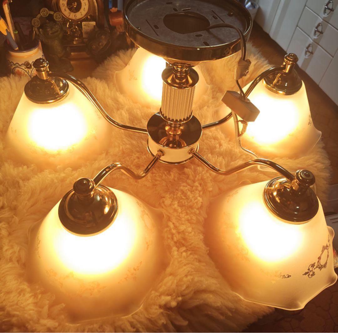 レトロ　陶器製　5灯　ガラスシェード　シャンデリア
