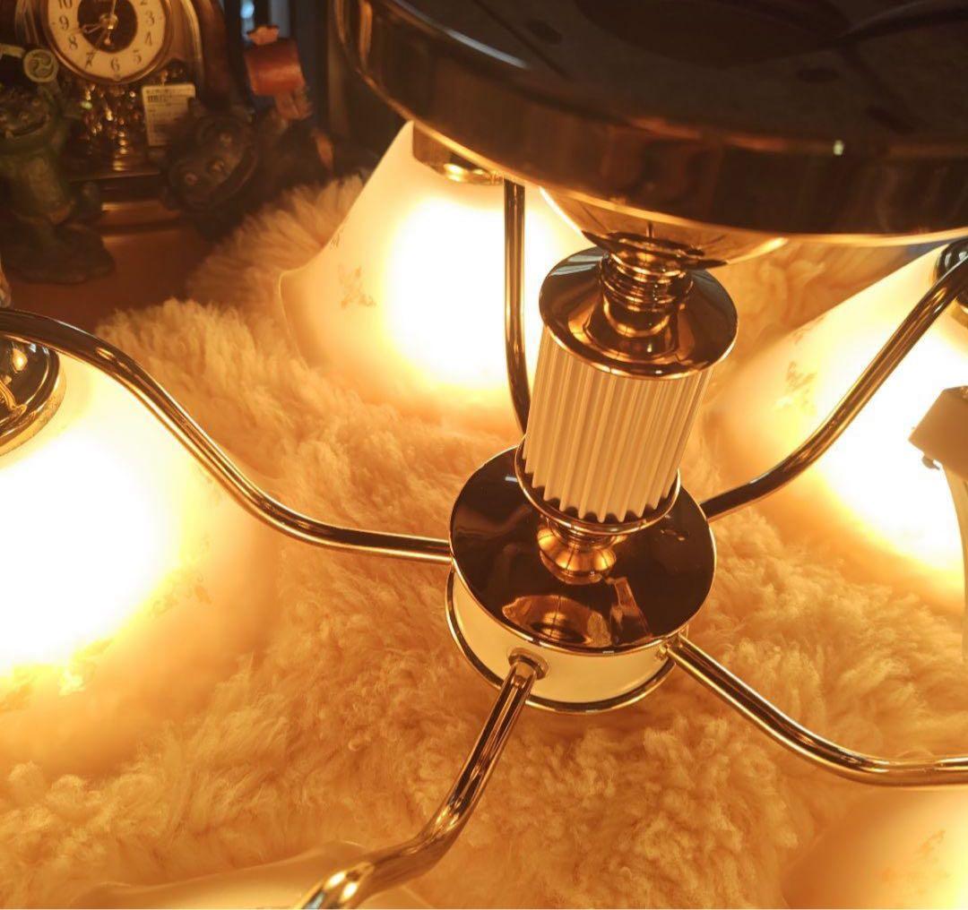 レトロ　陶器製　5灯　ガラスシェード　シャンデリア