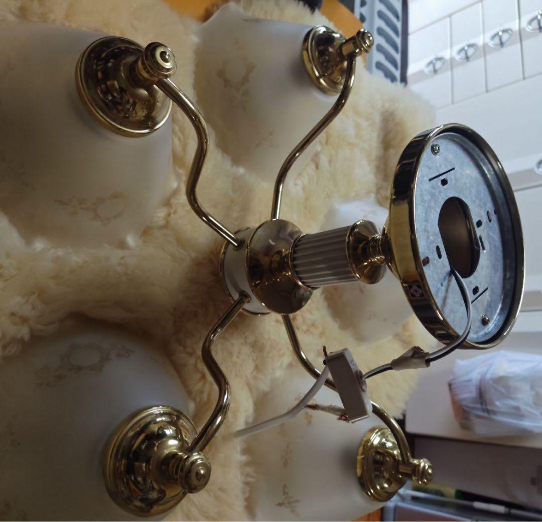 レトロ　陶器製　5灯　ガラスシェード　シャンデリア