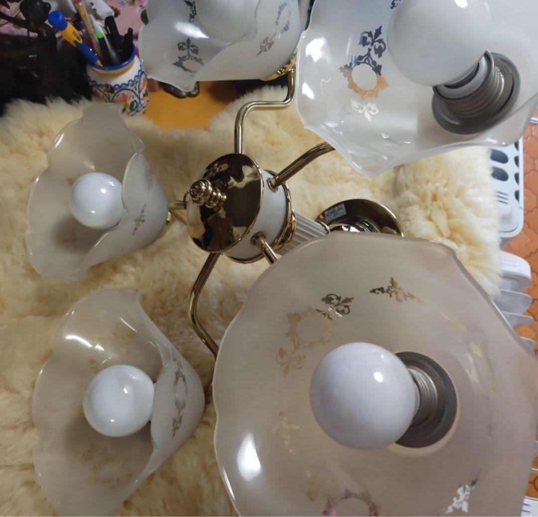 レトロ　陶器製　5灯　ガラスシェード　シャンデリア