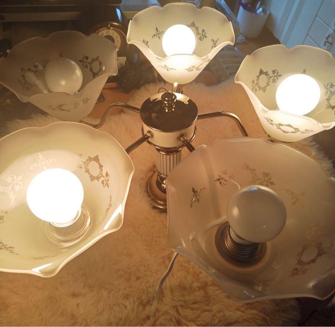 レトロ　陶器製　5灯　ガラスシェード　シャンデリア