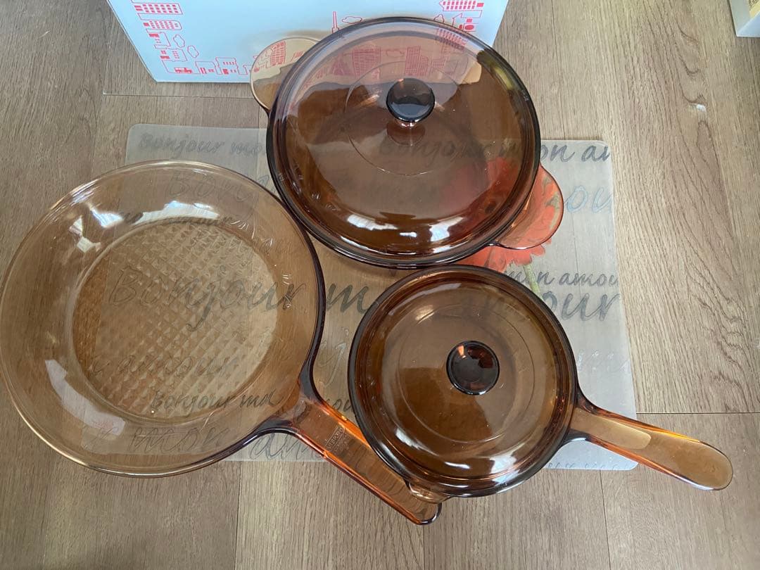 VISION ビジョンコーニングフランス 超耐熱ガラス鍋・フライパン3点セット