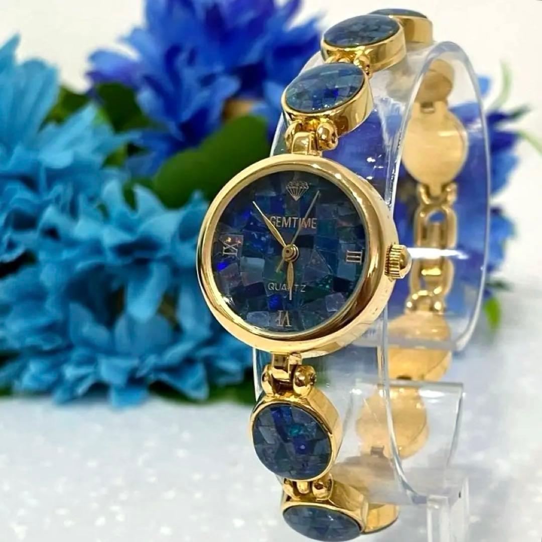 GEMTIME オパールウォッチ　電池新品　ゴールド ブルー アナログ腕時計