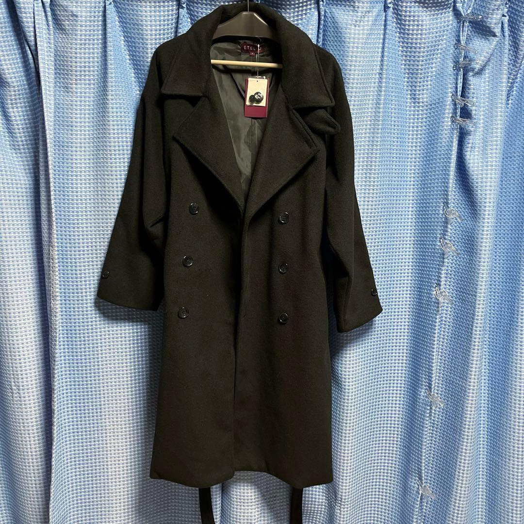 新品★ETELIO ウール混メルトンダブルチェスターコート S ブラック