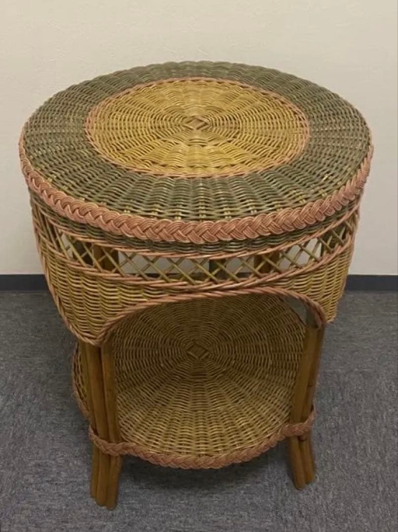 ヴィンテージ ラタン 丸テーブル 籐家具 サイドテーブル アジアンレトロ