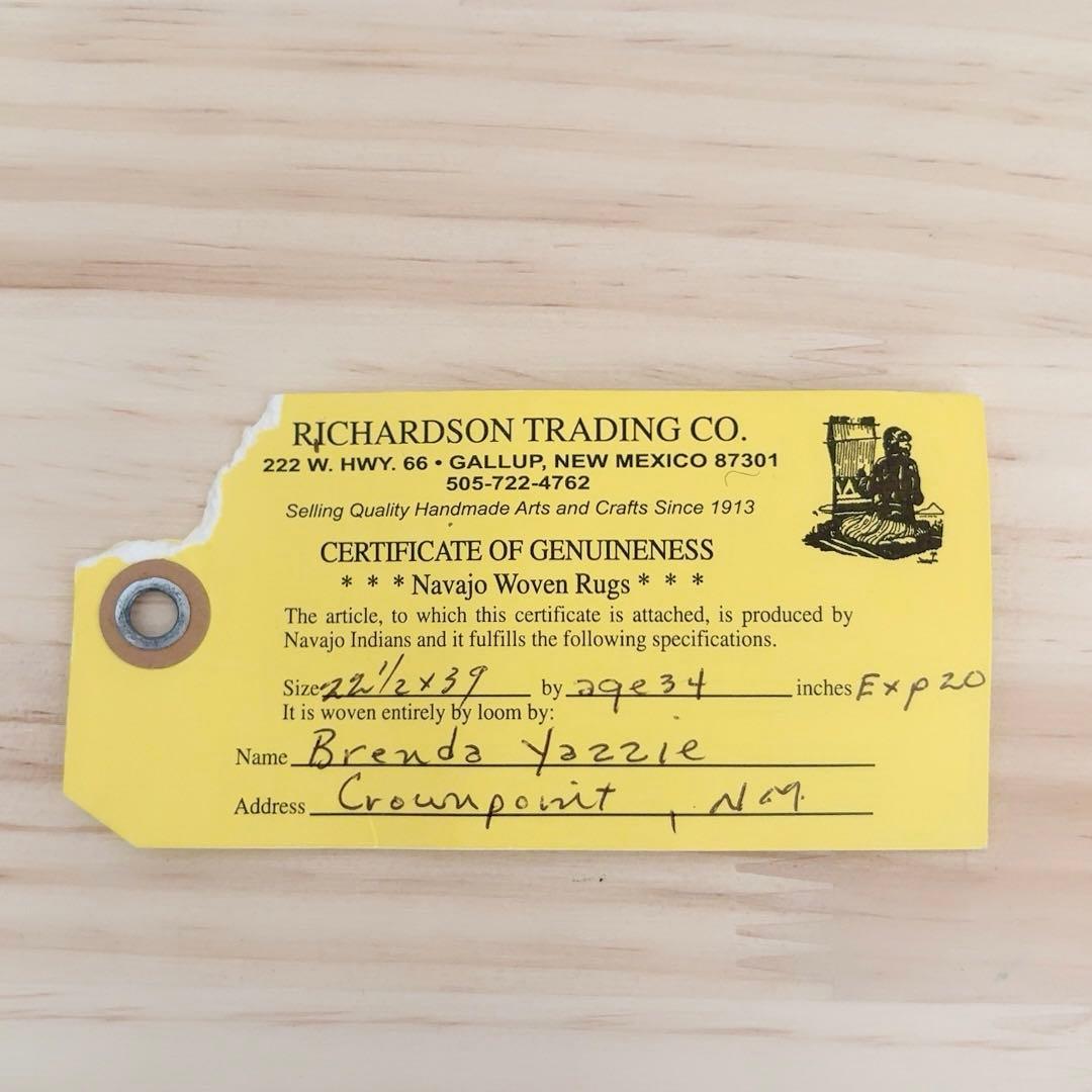 1990年代 ナバホ族 BRENDA YAZZIE 手織りラグ 証明タグ付