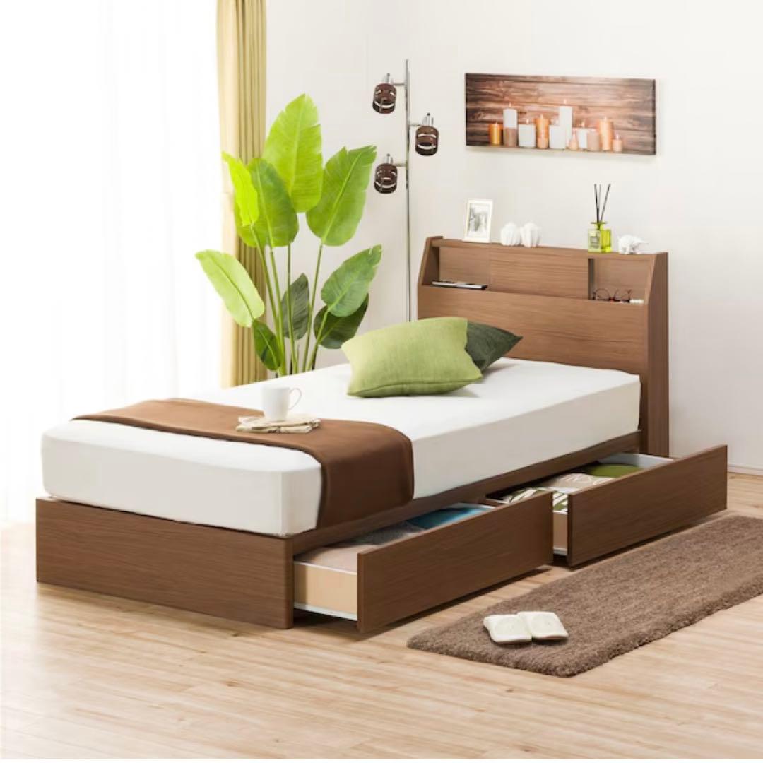 【美品3点】シングルベッドフレームブラウン、引き出し付き、シングルマットレス付き