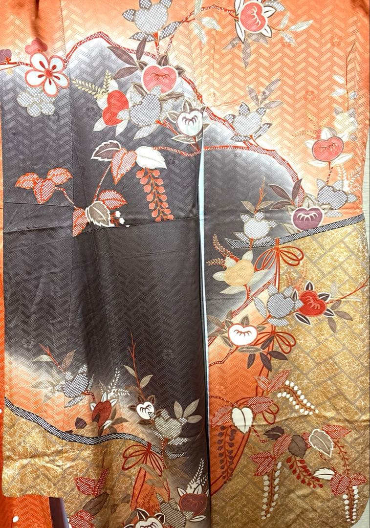 吾妻徳穂 落款あり 身丈158 オレンジ桜橘 振袖