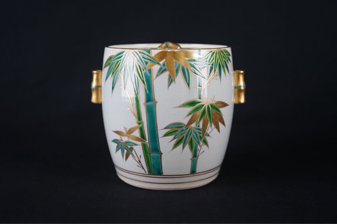 平安 京焼 手塚桐鳳 仁清写 竹絵付 竹形耳付 水指 共箱 茶道具