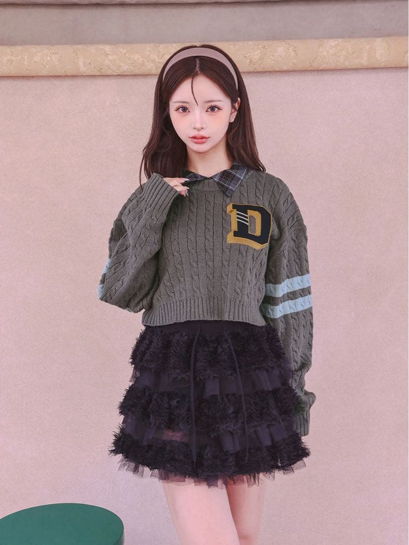 ダーリッチ カレッジワッペンショートニットトップス GRY