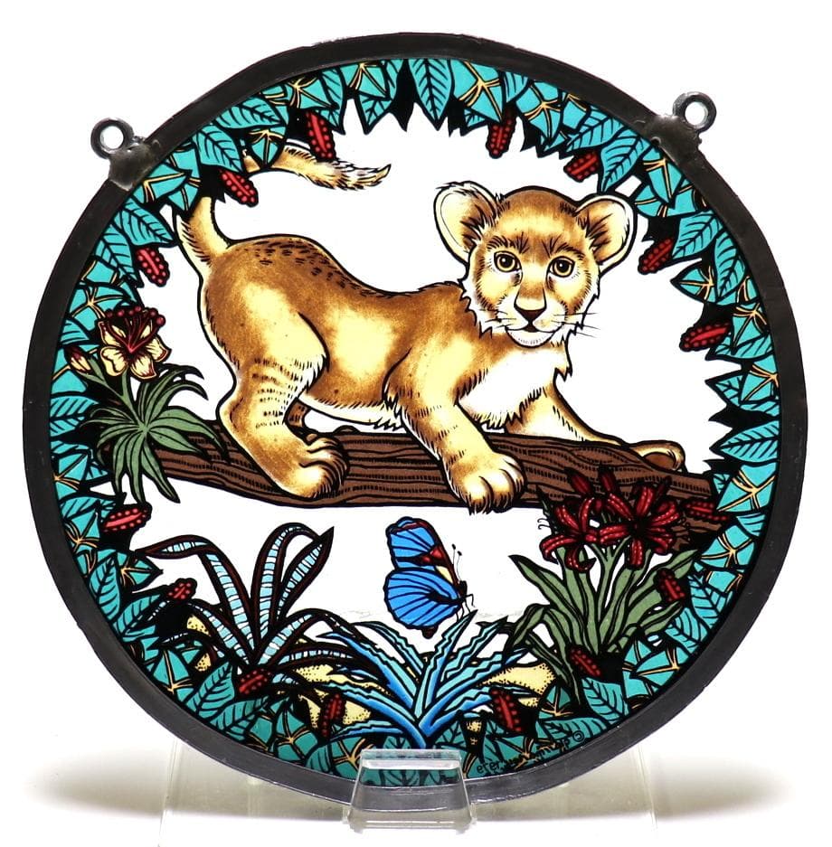ライオンの赤ちゃんと蝶々 ヴィンテージ ステンドグラス アニマル バタフライ