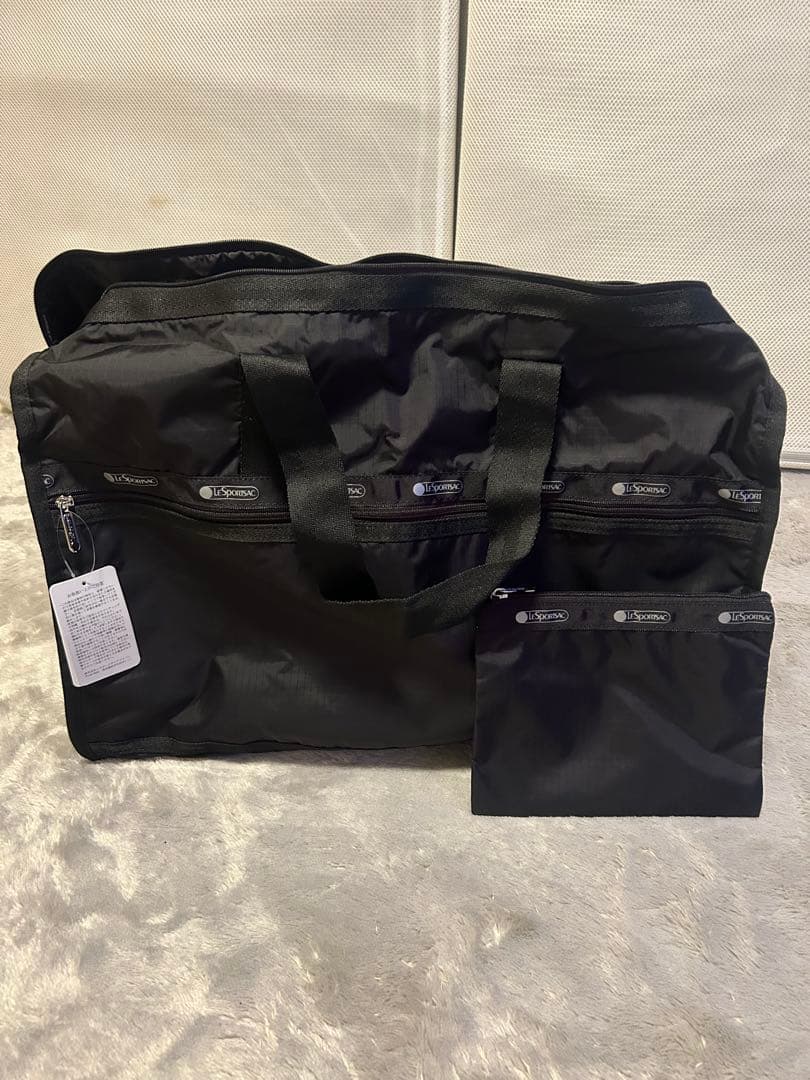 新品 ・軽量・大容量無地レスポートサック 黒 ボストンバッグ ショルダー付き