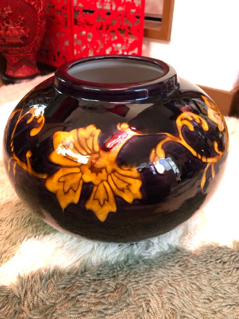 花瓶 九谷焼 東方四十吉 深厚釉唐草文花器 高さ約20cm