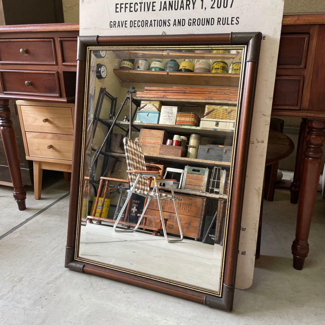 ヴィンテージ 木製 ウッドミラー 壁掛け 鏡 姿見 蚤の市 イタリア シャビー