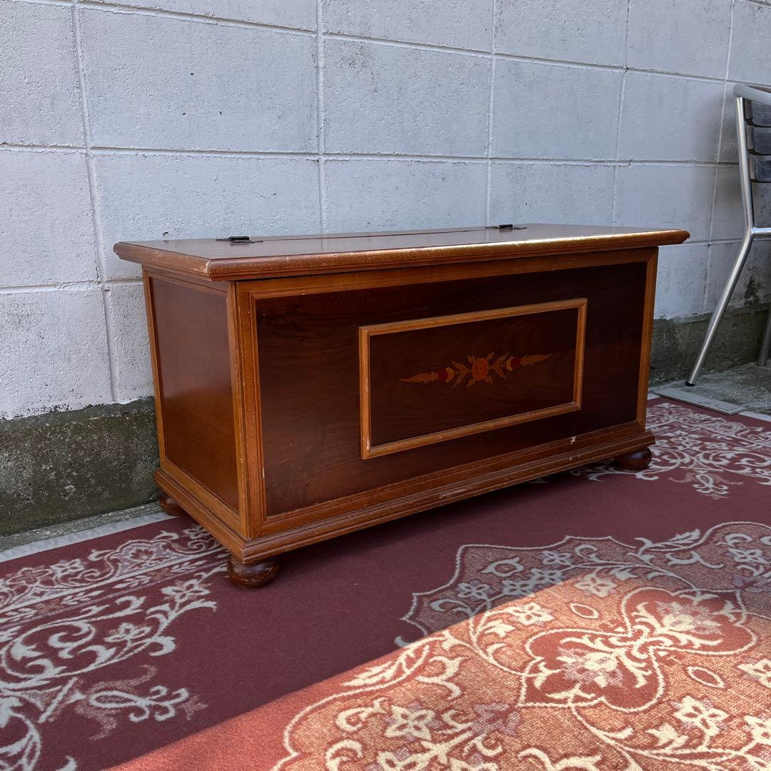 古家具ビンテージ品◾️アンティーク象嵌デザイン 木製ベンチチェスト 木製家具