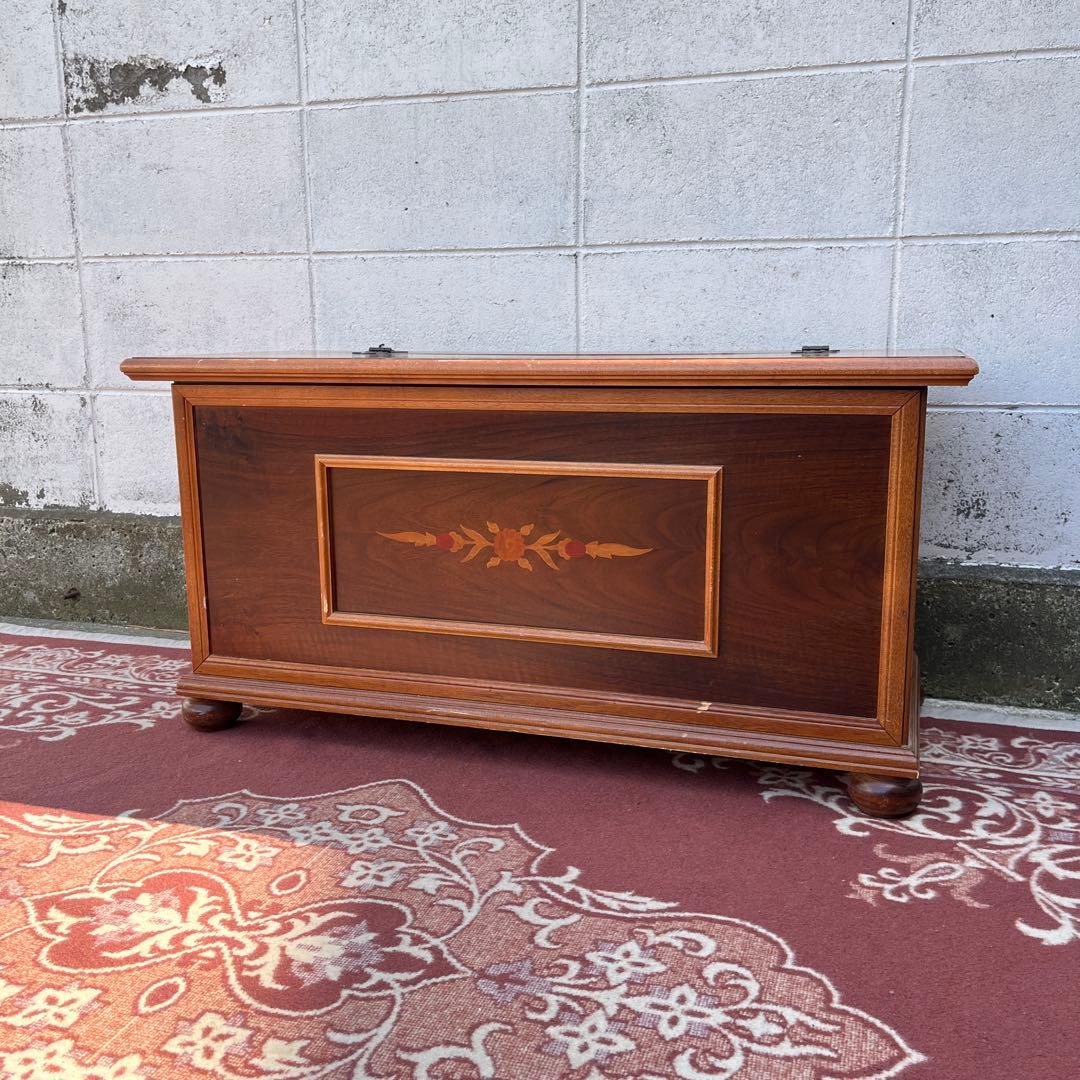 古家具ビンテージ品◾️アンティーク象嵌デザイン 木製ベンチチェスト 木製家具