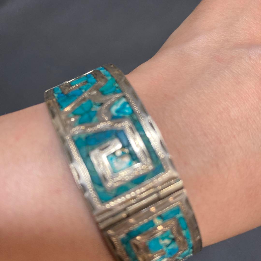 ターコイズ シルバー バングル 幾何学模様　シルバー925