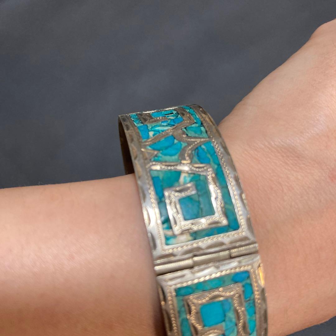 ターコイズ シルバー バングル 幾何学模様　シルバー925