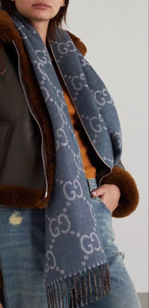 新品未使用GUCCI GGロゴマフラー デニムブルー ブラウン