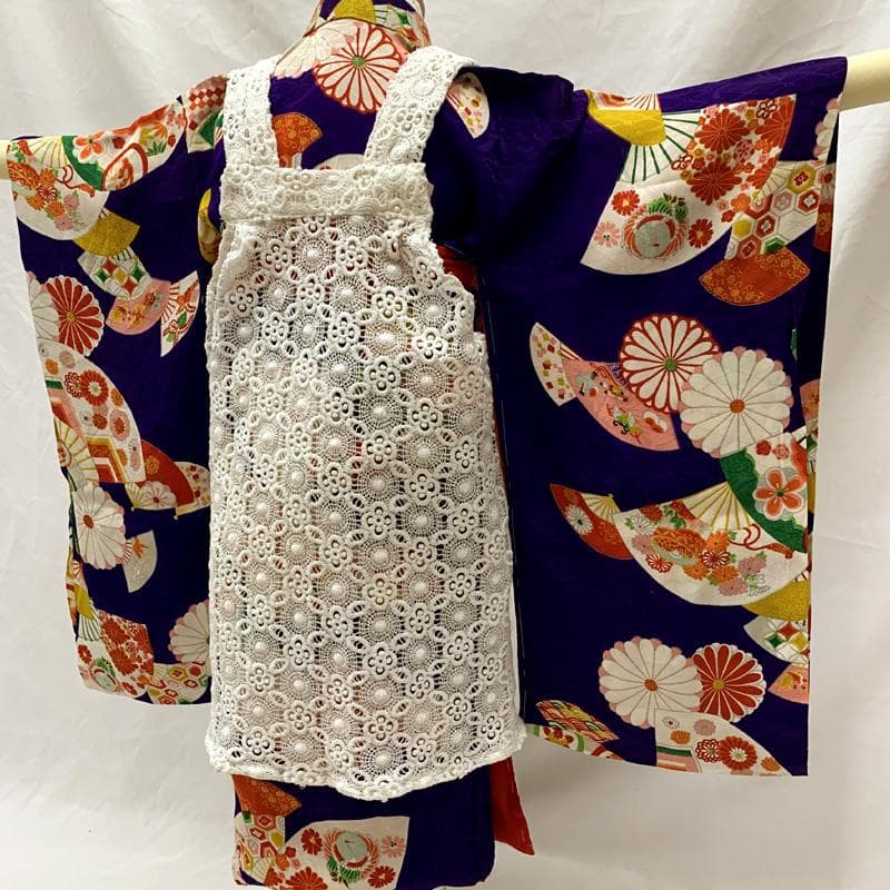509ag43□七五三 三歳 アンティーク 女児 着物&被布 扇 菊□美品
