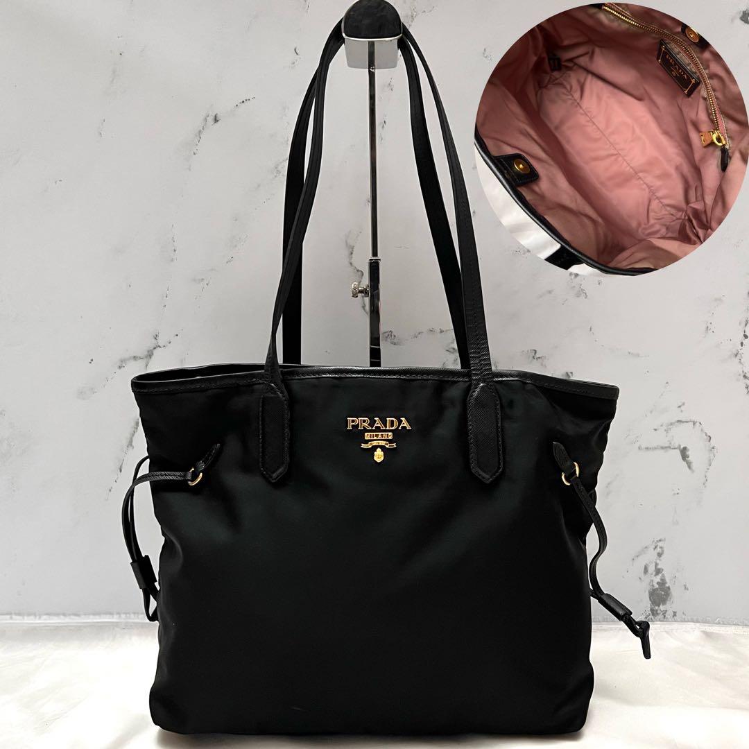 ◇極美品◇プラダ　トートバッグ　ナイロン×レザー　ブラック　ロゴ金具　裏地ピンク
