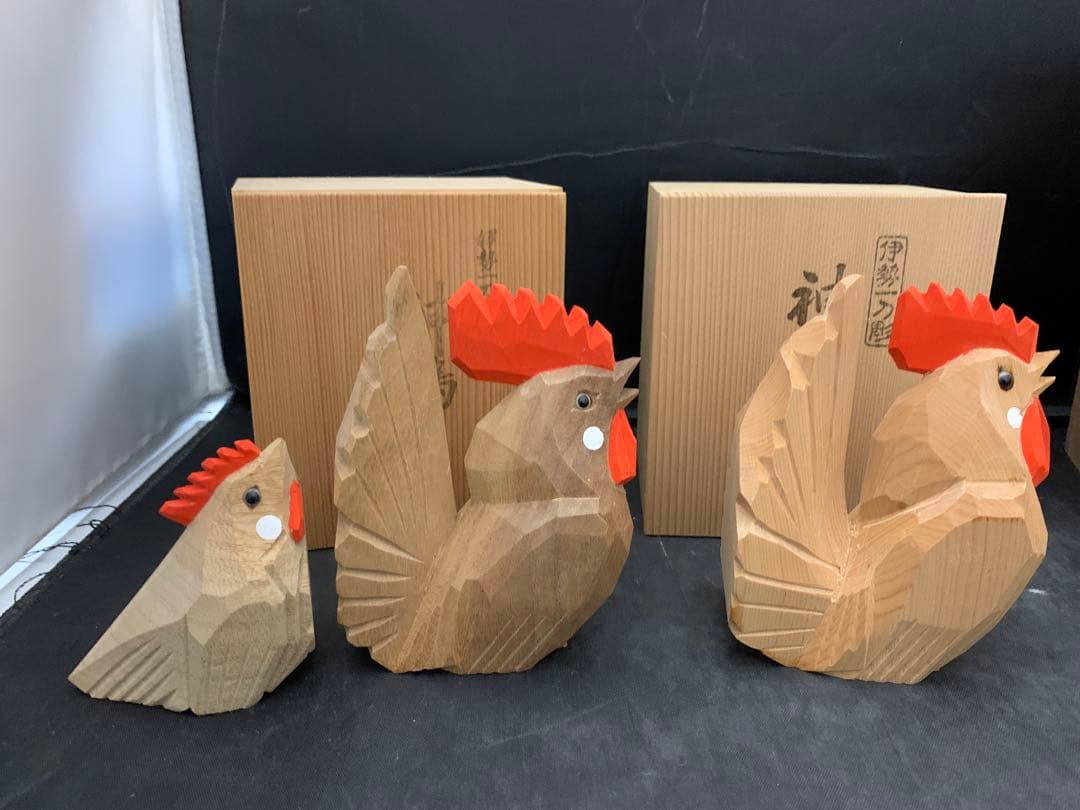 一刀彫師 中村良記作 干支の置物 酉 神鶏 雄雌2羽セット×2/ 1羽　共箱