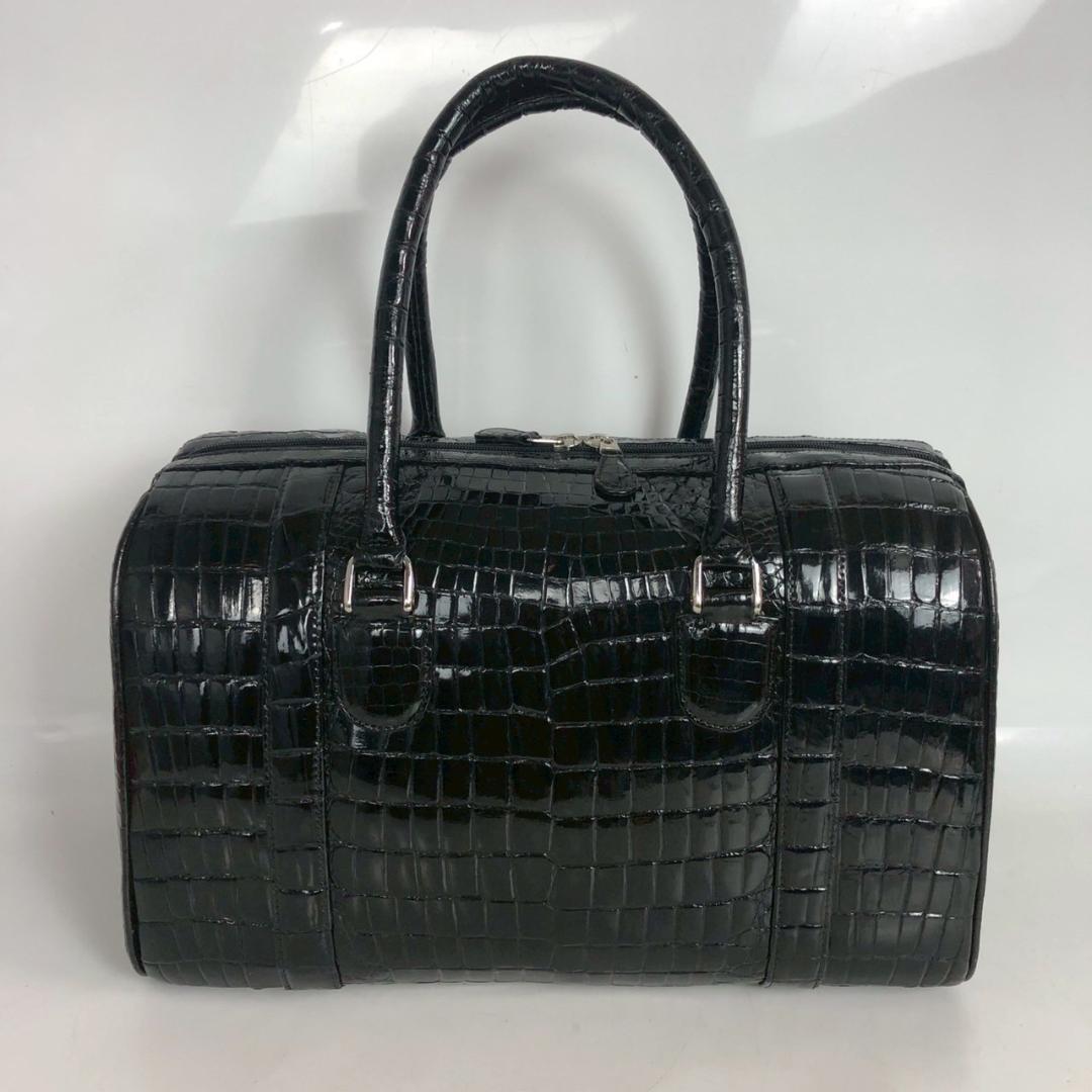 クロコダイル ハンドバッグ ミニボストンバッグ シャイニング加工 黒 ブラック