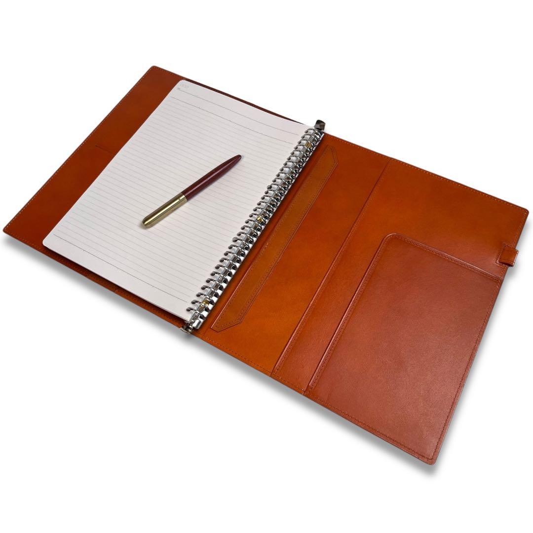A4ルーズリーフ バインダー A4 30穴 本革 リングファイル　キャメル
