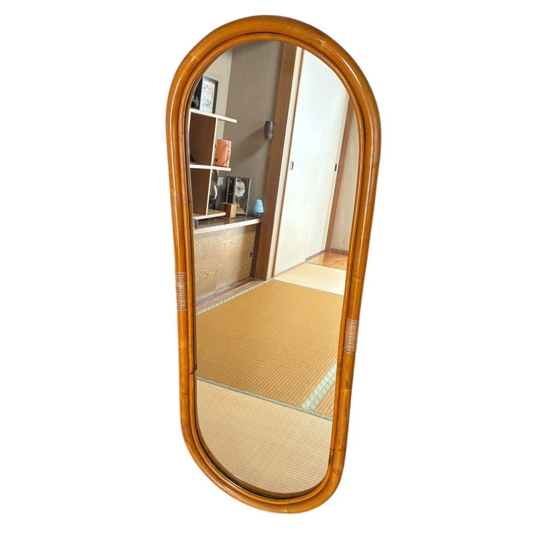 アンティーク　ラタン　壁掛けミラー　姿見　ヴィンテージ 124×46cm