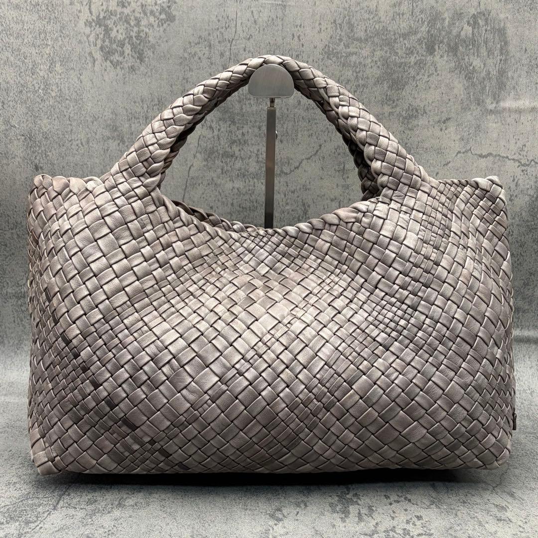 美品 ファロルニ 編み込み トートバッグ オールレザー A4 ハンド 灰 メンズ