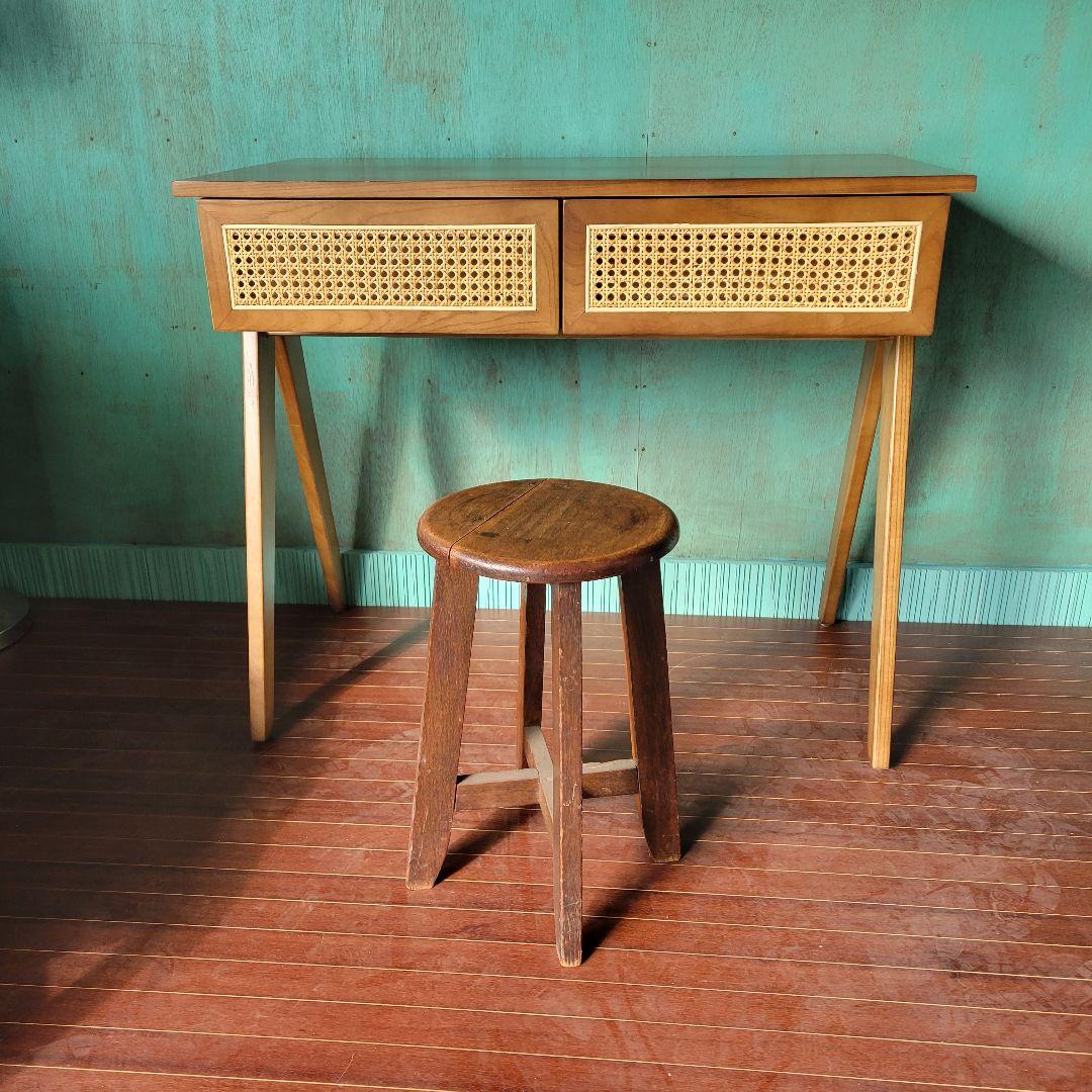 送料込みラタン×ウォルナット デスク 引き出し付 ヴィンテージ調 北欧モダン