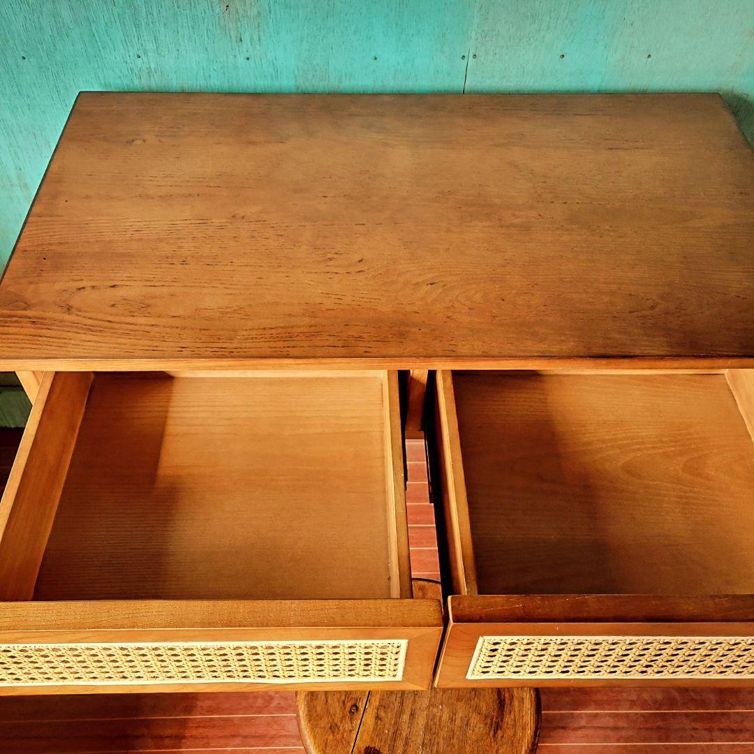 送料込みラタン×ウォルナット デスク 引き出し付 ヴィンテージ調 北欧モダン