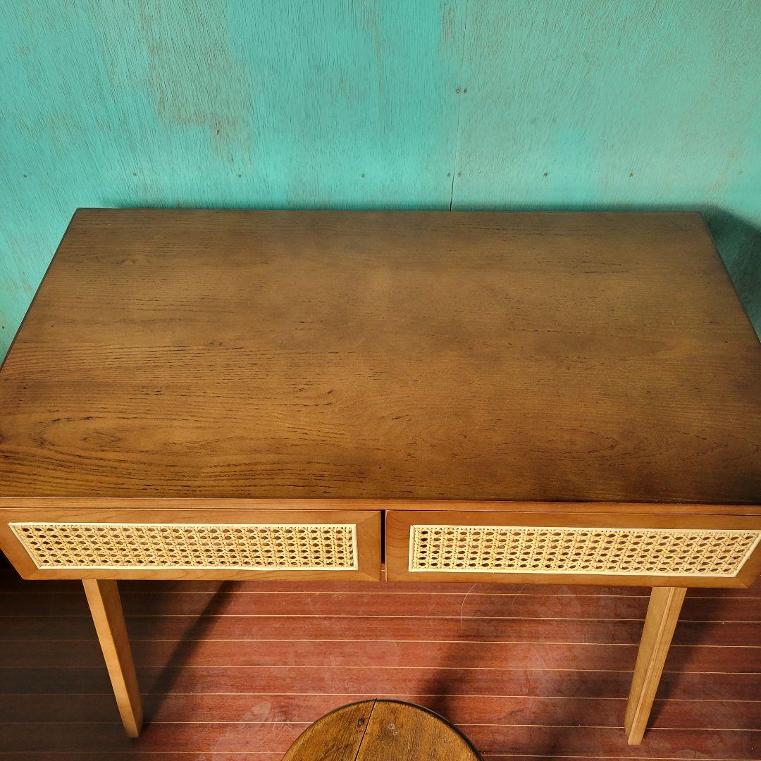 送料込みラタン×ウォルナット デスク 引き出し付 ヴィンテージ調 北欧モダン
