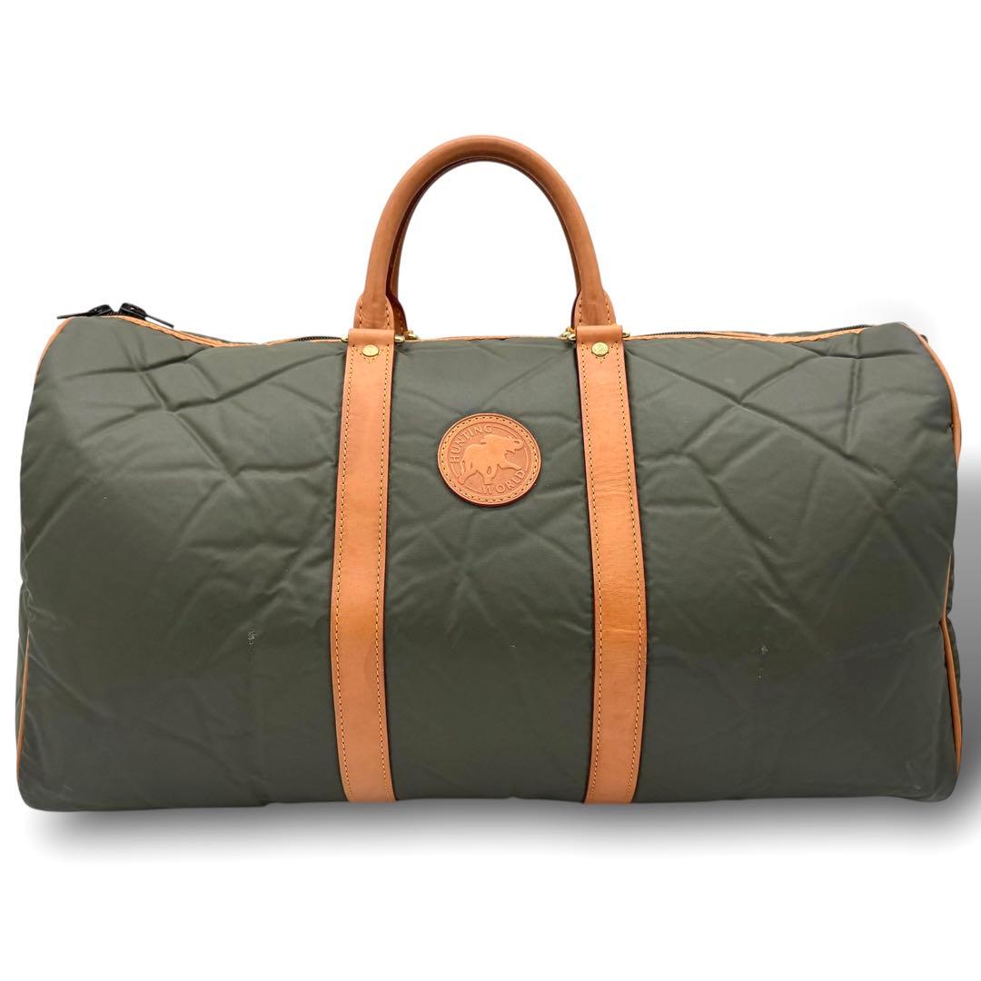 ハンティングワールド ボストンバッグ バチュークロスナイロン × レザー カーキ