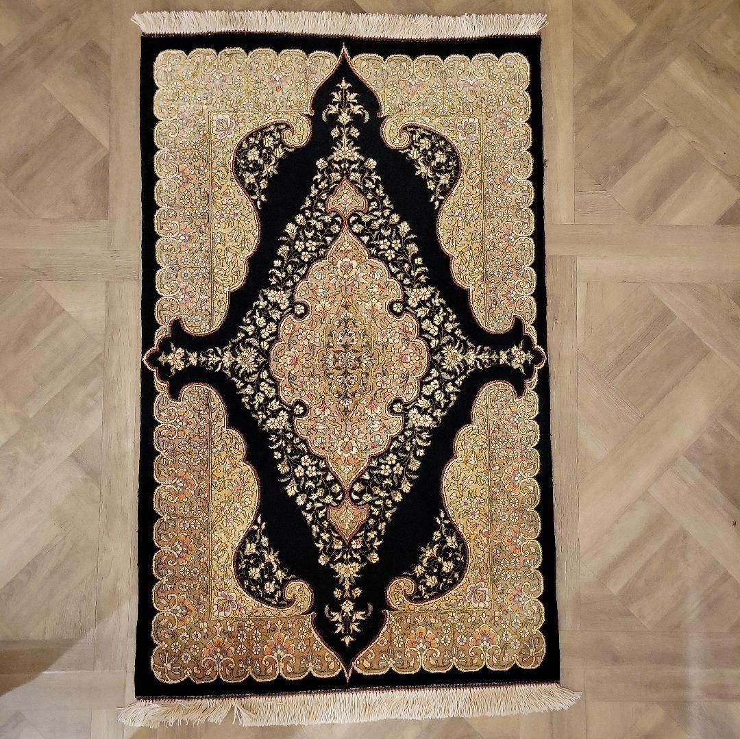 94x60cmペルシャマット(624)絹100%・クム産・絨毯・ギャッベ・ラグ