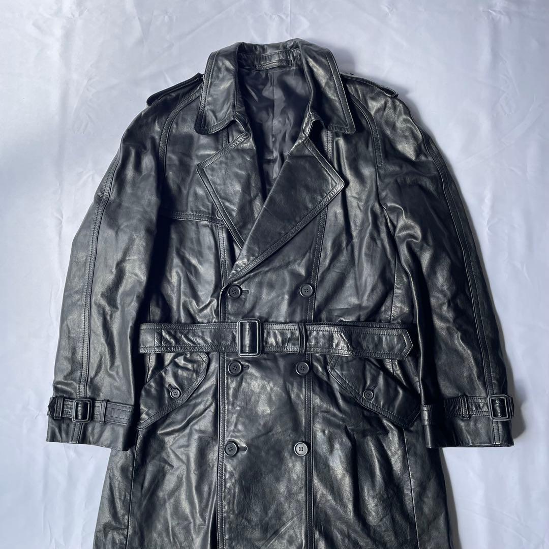 日本製 牛革 リアルレザー ヴィンテージ トレンチコート ブラック LL