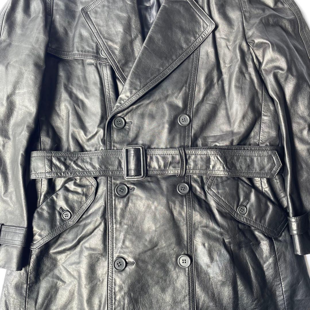 日本製 牛革 リアルレザー ヴィンテージ トレンチコート ブラック LL