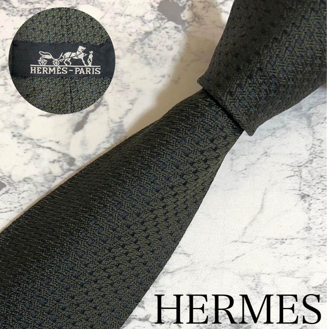HERMES ネクタイ ハイブランド ソリッド カーキ