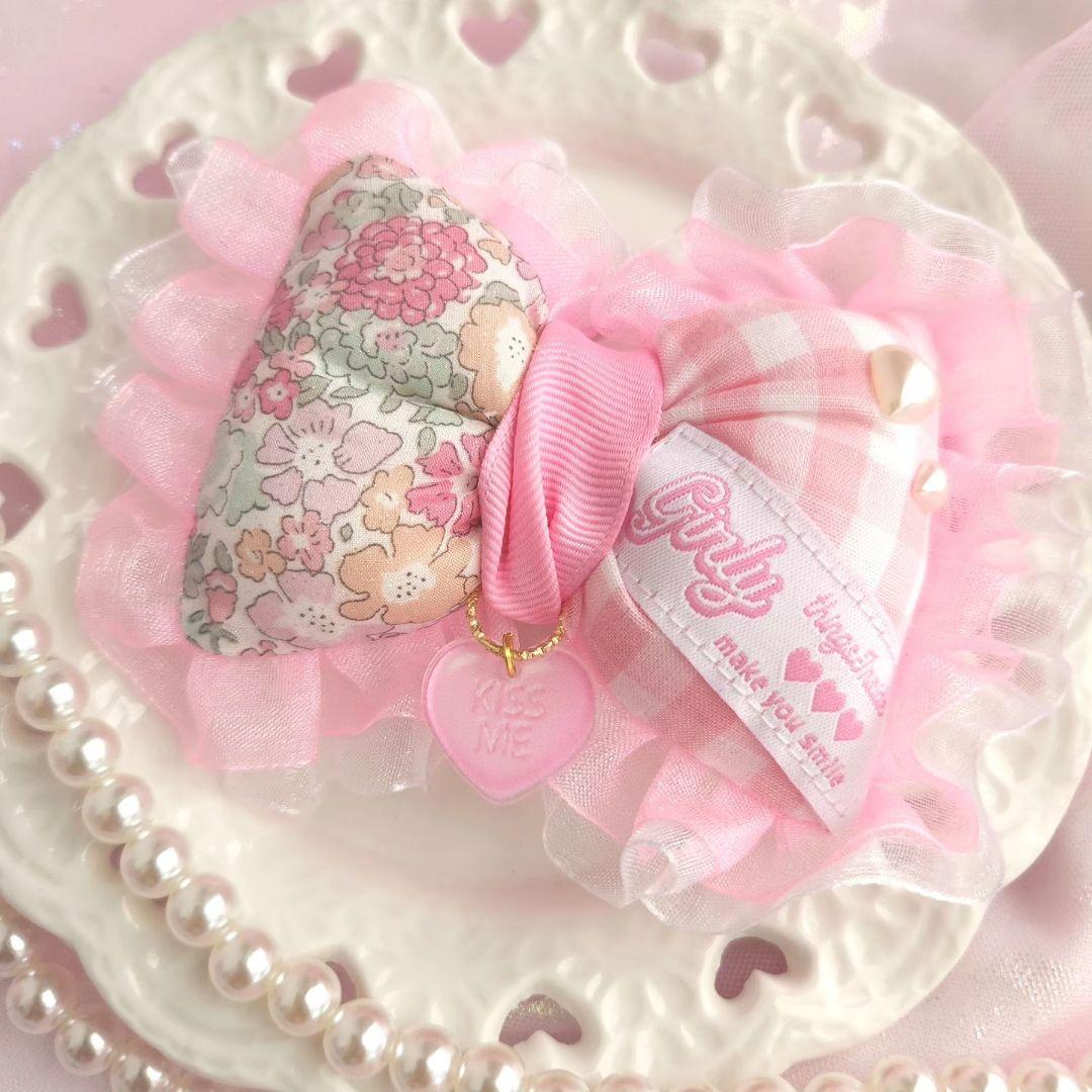 ハンドメイド♡リバティ×ギンガム、タグデザイン オーガンジーフリルポニーピンク