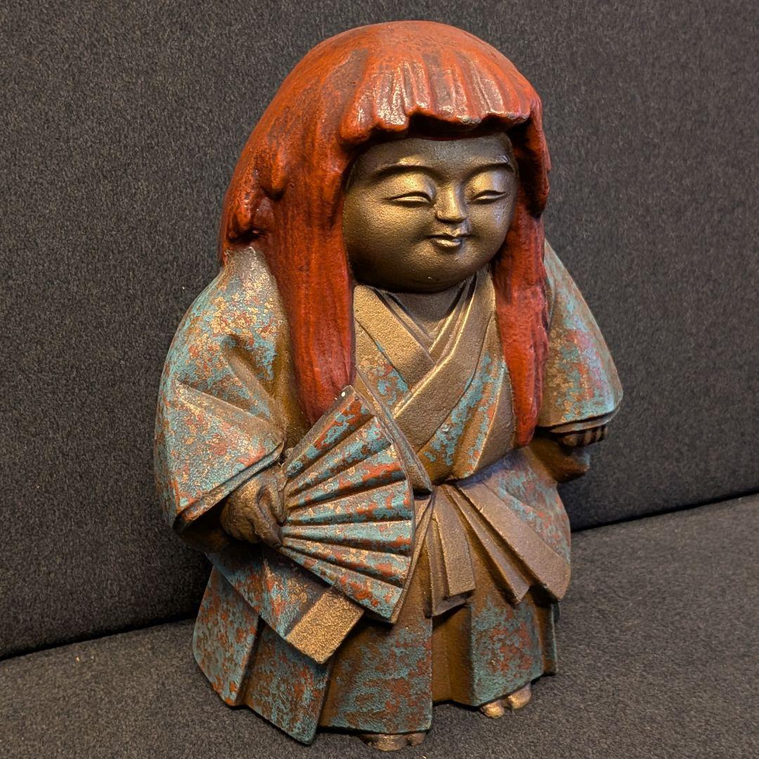 和装 童子像 扇子持ち 金属製 置物 鋳造刻印あり ブロンズ調 古美術風