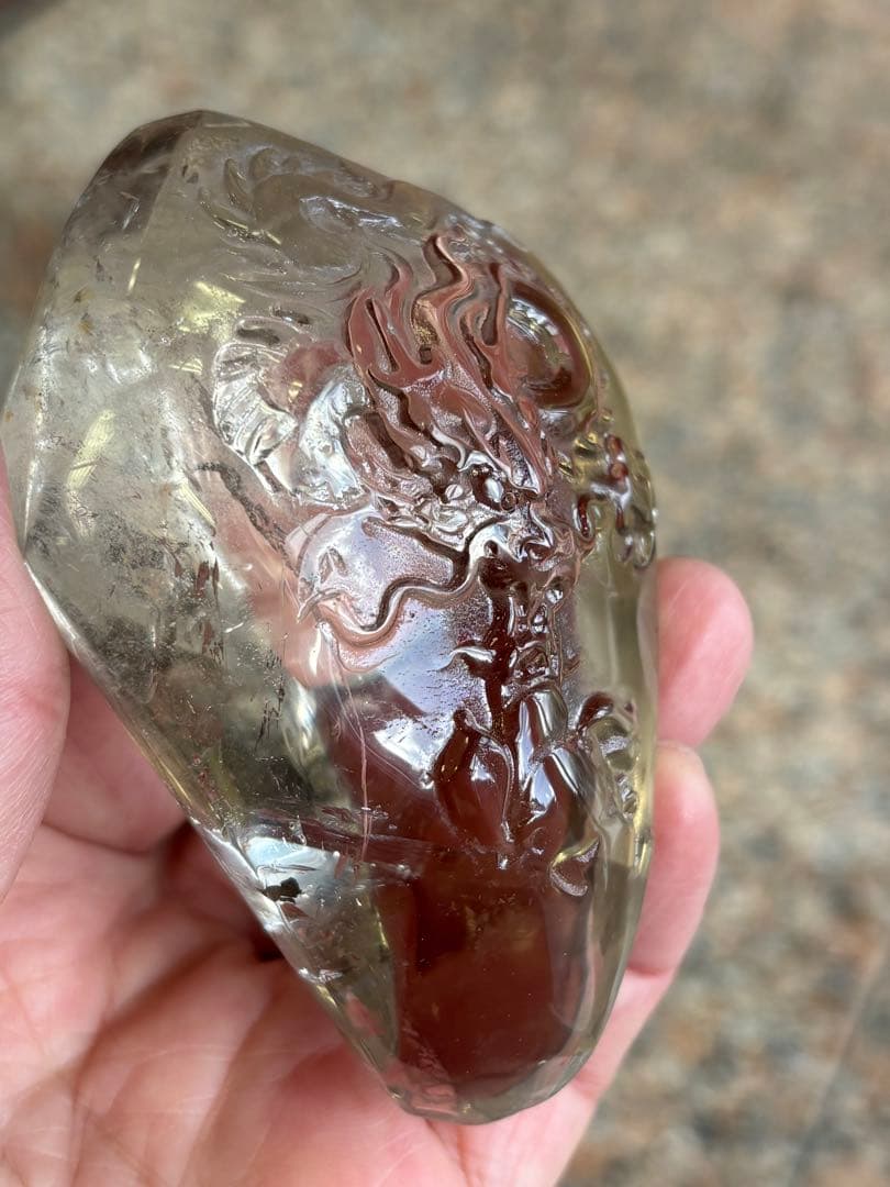 天然シトリン　龍の手彫り置物　流木台座付き　レインボーあり　236g 天然石