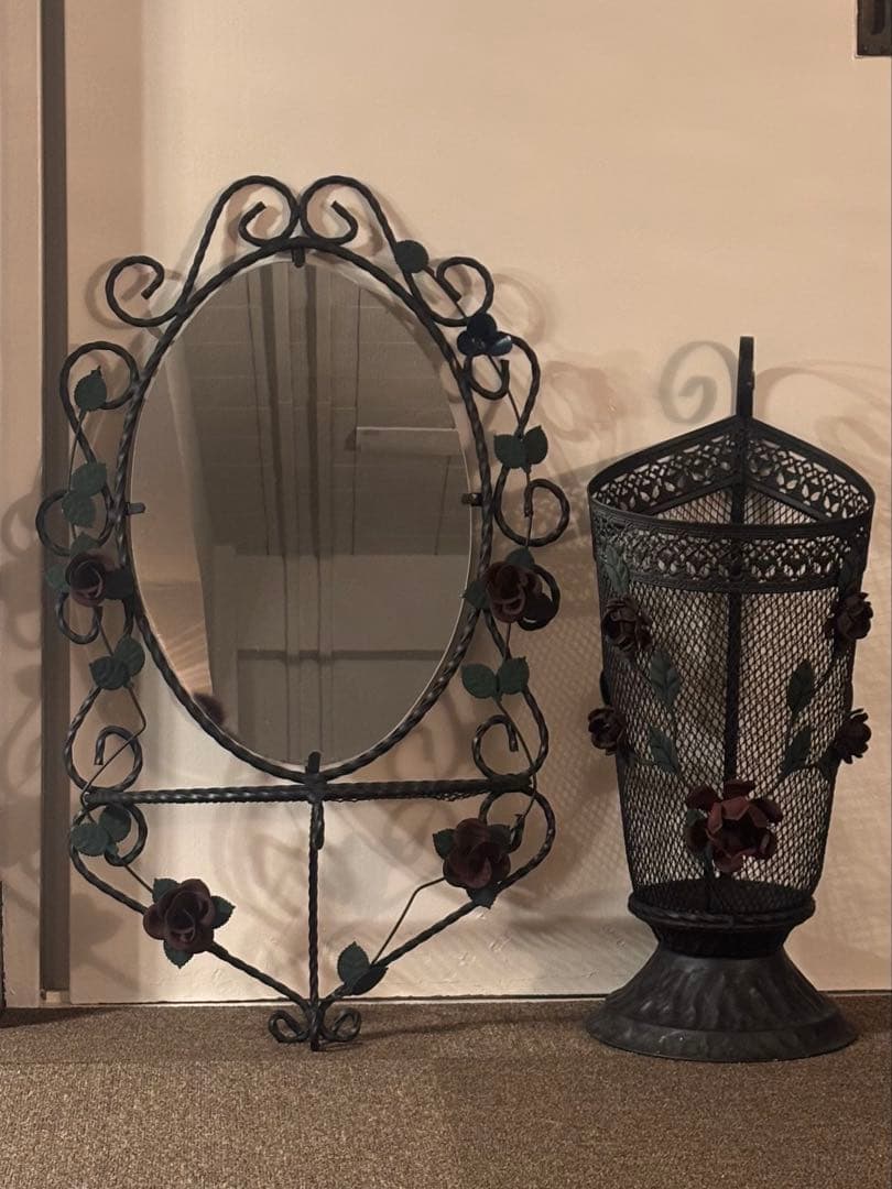 アンティーク アイアン 壁掛けミラー 傘立て セット
