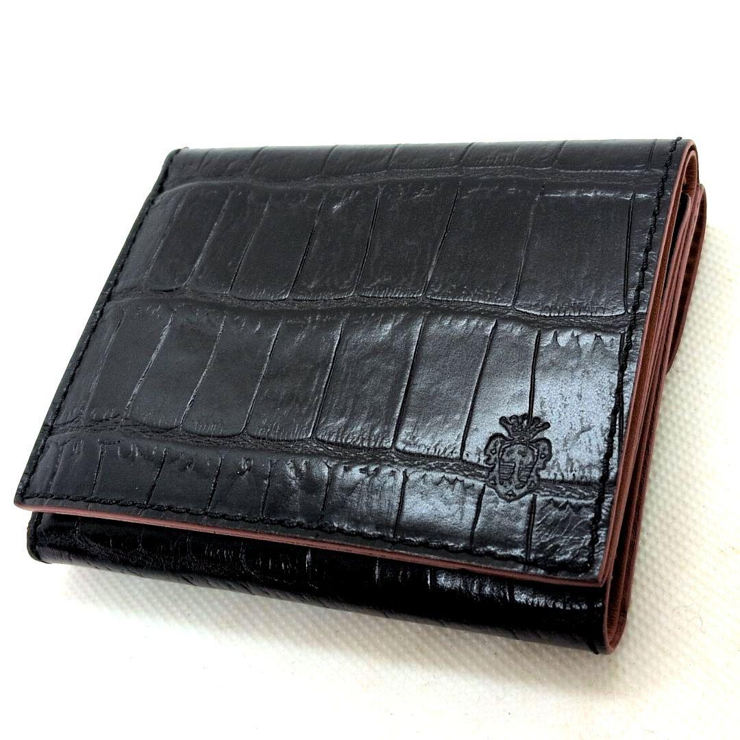【未使用級】フェリージ　三つ折り財布　クロコ型押し　コンパクトウォレット　黒