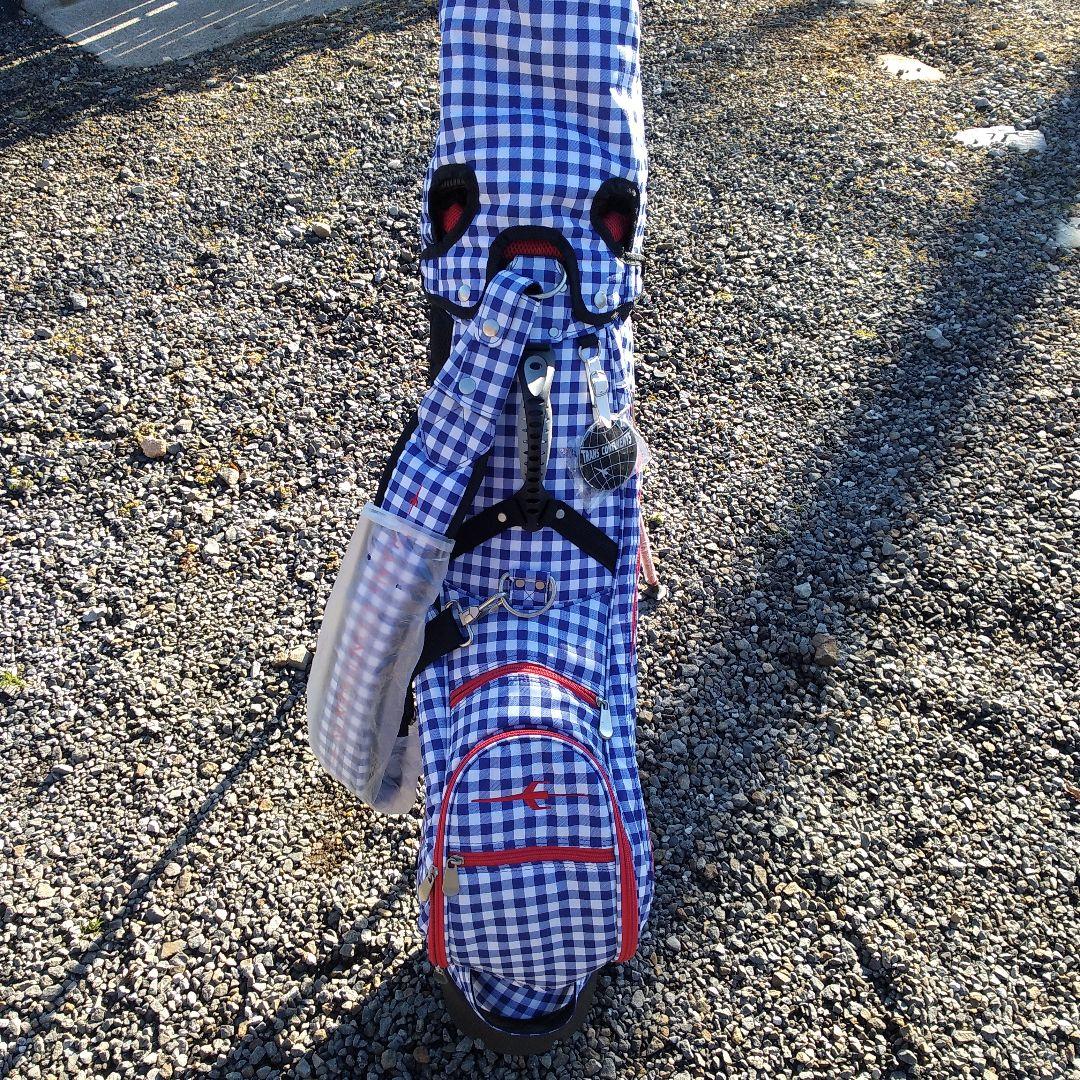 トランスコンチネンツ　キャディバッグ　スタンド式　チェック　青✕赤　中古