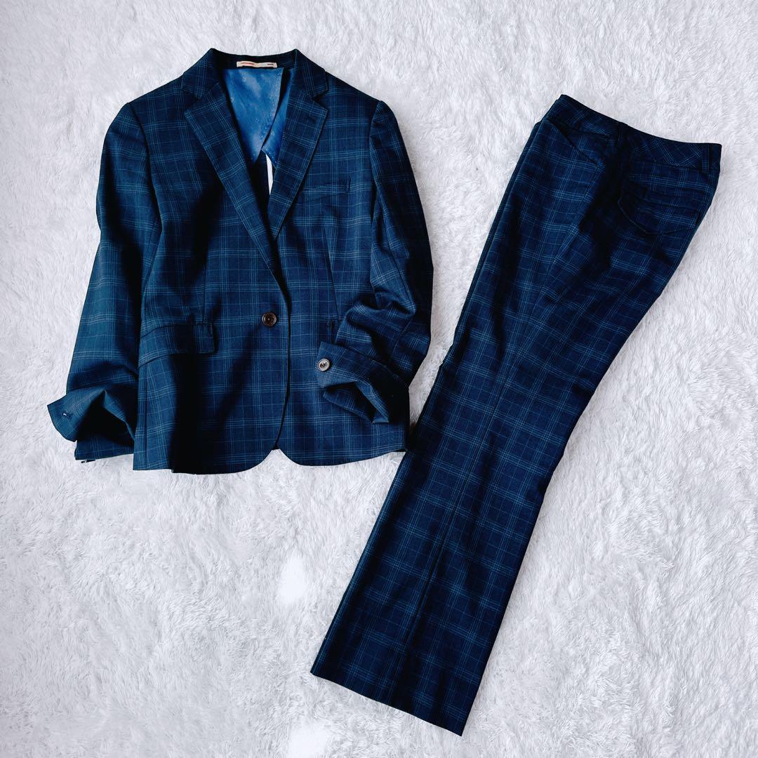 美品 オリヒカ ライム パンツ スーツ チェック ストレッチ ネイビー 紺