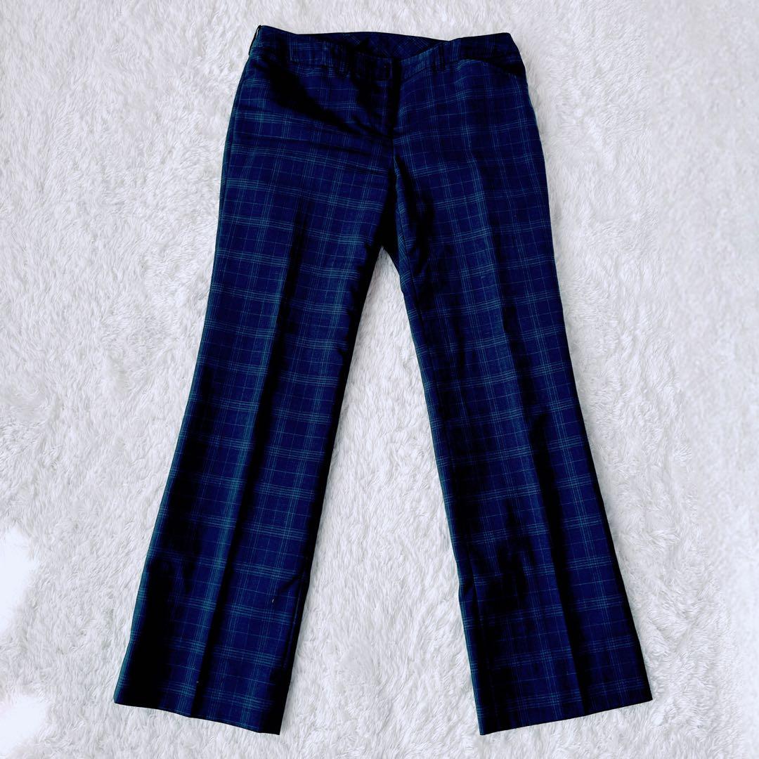 美品 オリヒカ ライム パンツ スーツ チェック ストレッチ ネイビー 紺