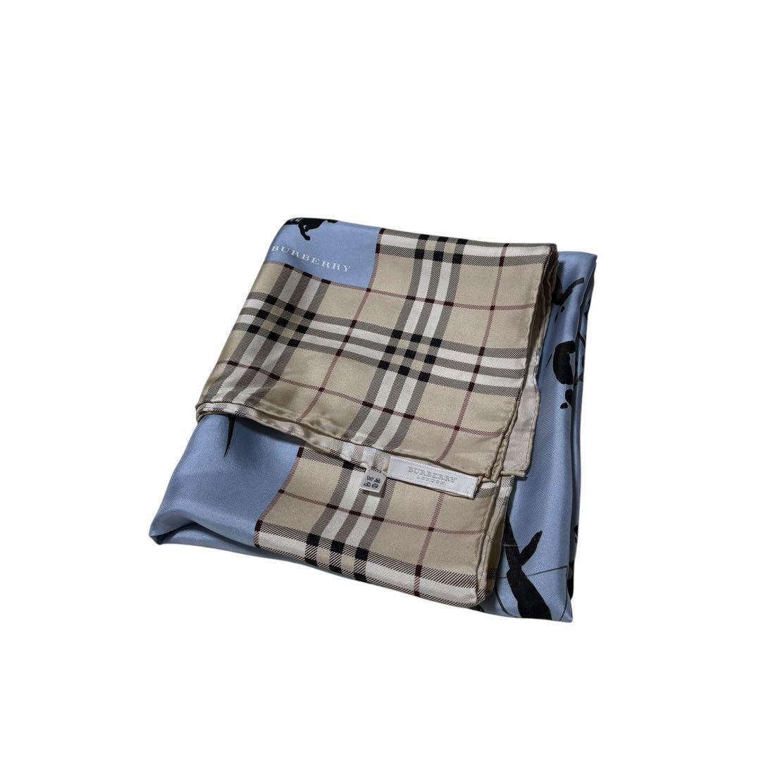 バーバリーロンドン☆大判スカーフ ノバチェック 犬 女性 散歩 シルク ブルー