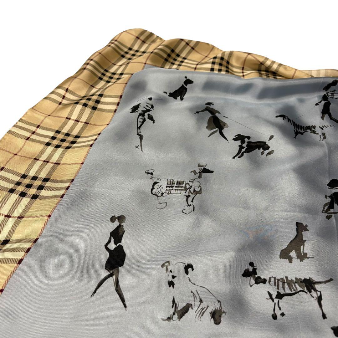 バーバリーロンドン☆大判スカーフ ノバチェック 犬 女性 散歩 シルク ブルー